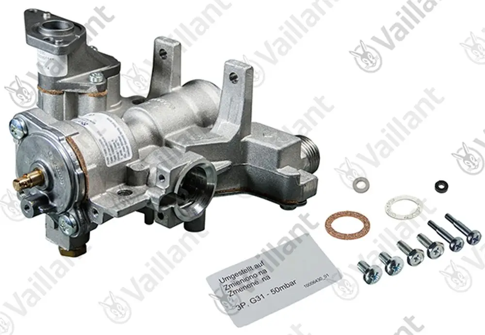 Vaillant Gasarmatur mit verschiedenen Anschlussmöglichkeiten und Montageschrauben auf einem neutralen Hintergrund. Komponenten umfassen eine Dichtung und Unterlagen.